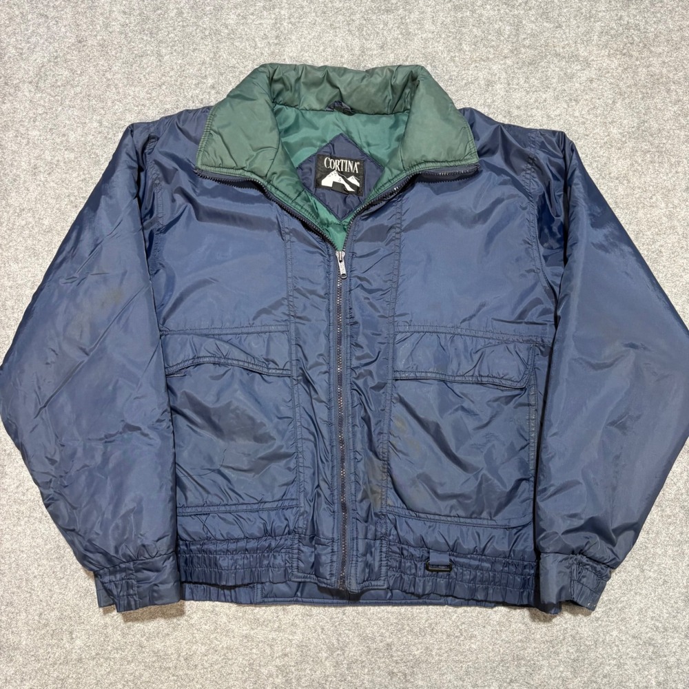 Vintage Cortina Navy Blue Puffer Jacket Mens Medium Green Collar Full Zip Pocket